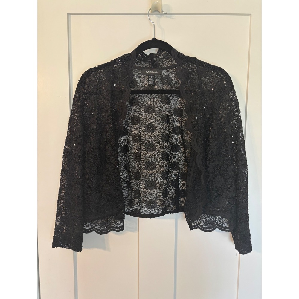 R&M Richards XL Black Floral Lace Sequin Bolero Shrug Scalloped Evening Jacket